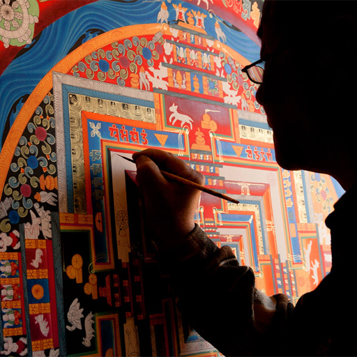 Buddhist thangka paintings on display at Pháp Vân Pagoda