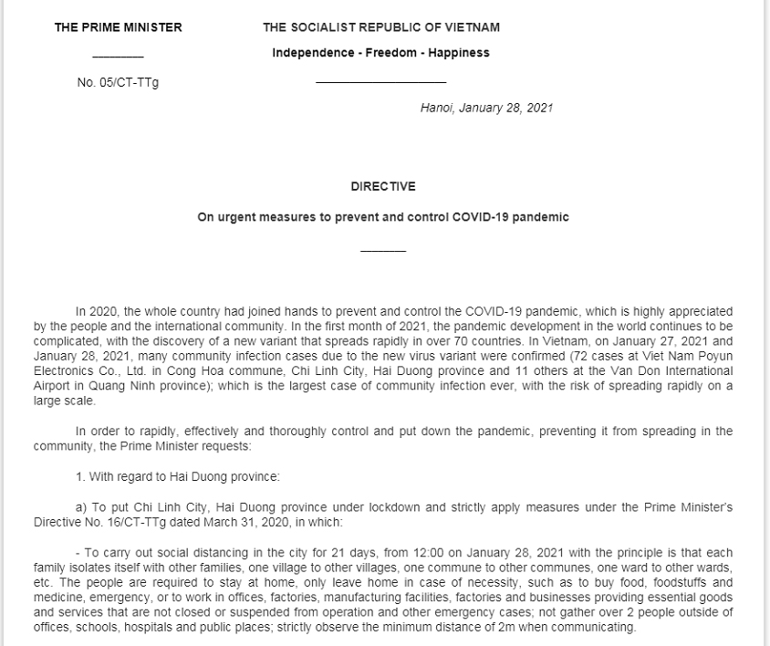 Directive No. 05/CT-TTg dated January 28, 2021 of the Prime Minister on urgent measures to prevent and control COVID-19